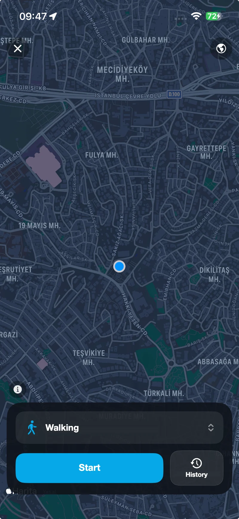 Suu exercise screen: starting a GPS-tracked walk on the map