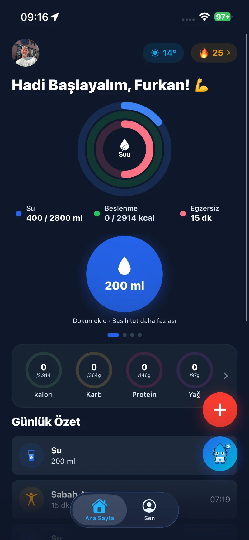 Suu ana ekranı: günlük su hedefi 2.800 ml, beslenme ve egzersiz halkaları